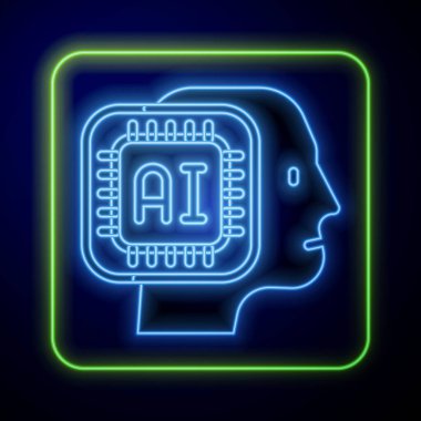 Parlayan neon insansı robot simgesi mavi arkaplanda izole edildi. Yapay zeka, makine öğrenme, bulut hesaplama. Vektör.