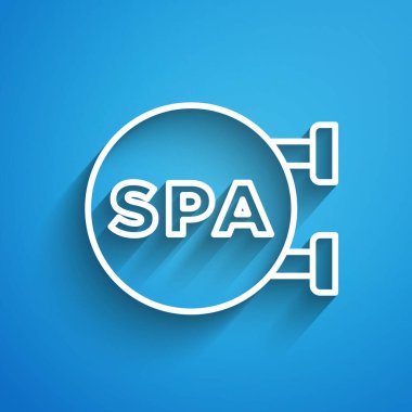 Beyaz çizgi kaplıca salonu ikonu mavi arka planda izole edildi. Güzellik salonu, masaj, kozmetik. Spa tedavisi ve kozmetoloji. Uzun gölge. Vektör.