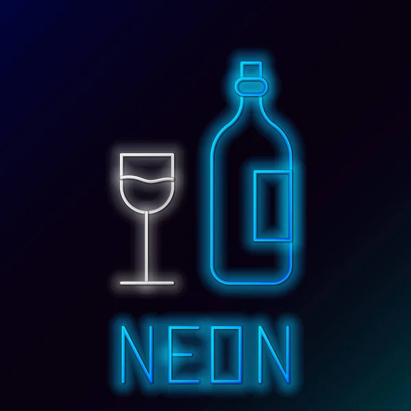 Glowing Neon Line Wine Bottle Wine Glass Icon Isolated Black — Stock Vector