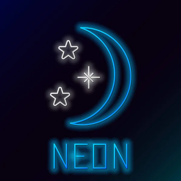 Ligne Lumineuse Néon Lune Étoiles Icône Isolée Sur Fond Noir — Image vectorielle