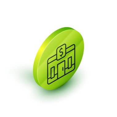 Isometric Line Bank bina simgesi beyaz arkaplanda izole edildi. Yeşil daire düğmesi. Vektör.