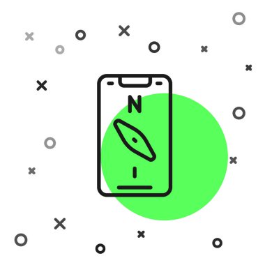 Beyaz arkaplanda izole edilmiş navigasyon simgesi için akıllı telefondaki siyah çizgi pusula ekran uygulamaları. Navigasyon için uygulama pusulası, uygulama haritası. Vektör.