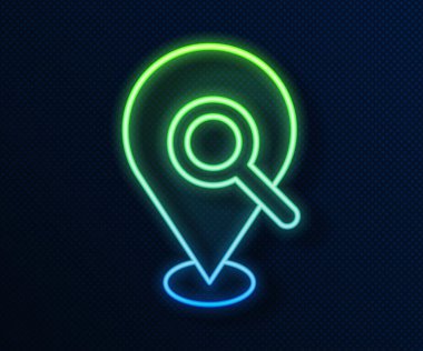 Parlayan neon hattı arama konumu simgesi mavi arkaplanda izole edildi. İşaretli büyüteç. Vektör.