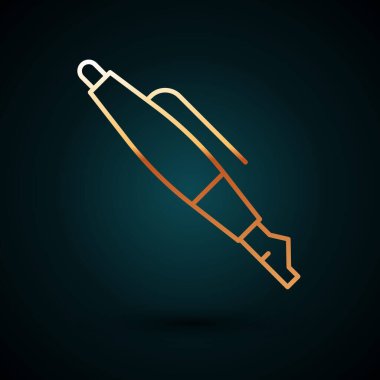 Altın çizgili dolmakalem ucu simgesi koyu mavi arkaplanda izole edilmiş. Kalem aleti işareti. Vektör.