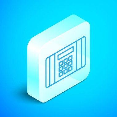 Isome hattı patlayıcı bomba ikonu mavi arka planda izole edildi. Saatli bomba - patlama tehlikesi kavramı. Gümüş kare düğme. Vektör.