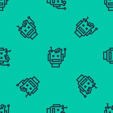 Mavi çizgi kırık robot simgesi yeşil arka planda izole edilmiş kusursuz desen. Yapay zeka, makine öğrenme, bulut hesaplama. Vektör.
