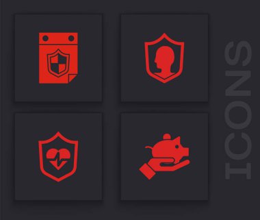 Domuz kumbarası, kalkan, hayat sigortası ve ikon ile takvim ayarlayın. Vektör