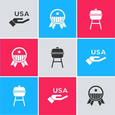 ABD 'nin Bağımsızlık Günü' nü ayarlayın. Yıldız ve ızgara ikonlu Madalya. Vektör