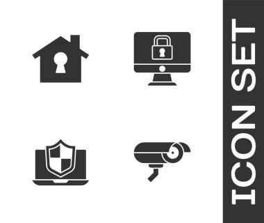 Güvenlik kamerası, ev koruma altında, dizüstü bilgisayar kalkan ve kilit ikonu ile korunuyor. Vektör