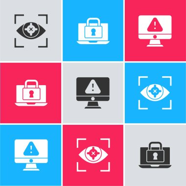 Göz taramasını, dizüstünü ve kilitlenmeyi ve ünlem işareti simgesi ile monitörü ayarla. Vektör