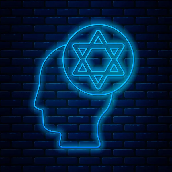 ネオンラインを輝くレンガの壁の背景に孤立正統派ユダヤ人の帽子のアイコン 伝統的な衣服のユダヤ人男性 ユダヤ教のシンボル ベクトル — ストックベクタ