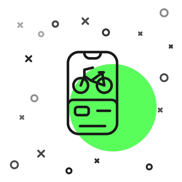 Schwarze Linie Fahrradverleih Mobile App Symbol Isoliert Auf Weißem Hintergrund — Stockvektor