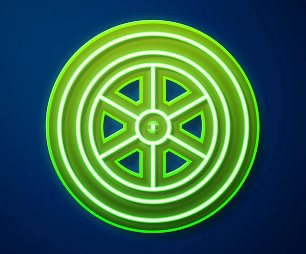 Parlayan neon çizgisi bisiklet tekerleği simgesi mavi arkaplanda izole edildi. Bisiklet yarışı. Olağanüstü bir spor. Spor malzemeleri. Vektör.