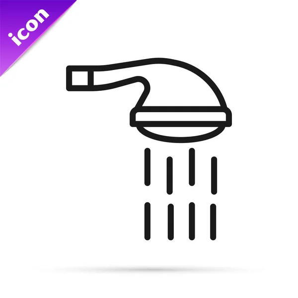 Black Line Shower Head Water Drops Flowing Icon Isolated White — Stock Vector