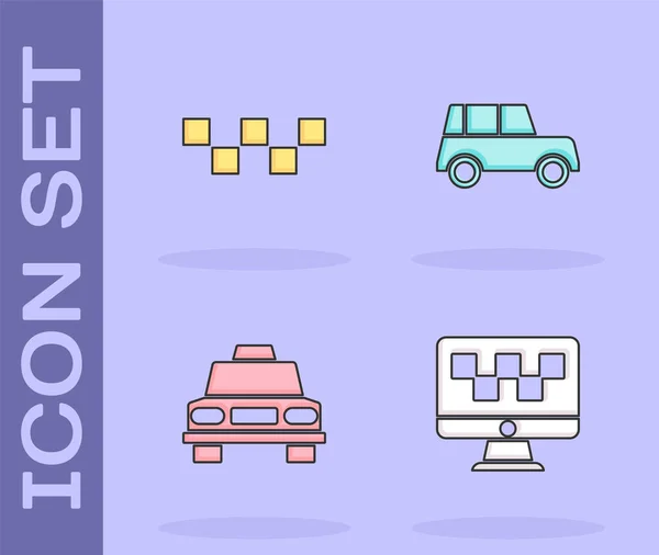 Setzen Sie Computeranruf Taxiservice Autodach Und Autosymbol Vektor — Stockvektor