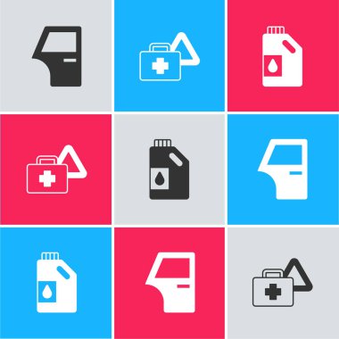 Araba kapısını, ilk yardım çantasını, uyarı üçgenini ve motor yağı ikonu için teneke kutuyu hazırlayın. Vektör