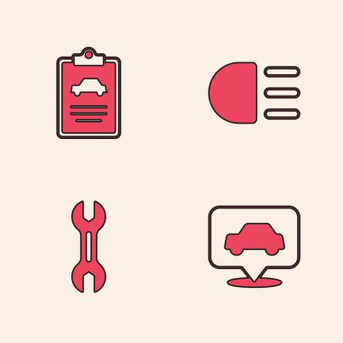 Araba servisini, teftişi, yüksek kirişi ve İngiliz anahtarı simgesini ayarla. Vektör