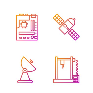 3D yazıcı, Radar, Anakart ve Uydu hattını ayarla. Renk simgeleri. Vektör.