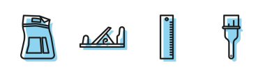 Çizgi cetvel, çimento çantası, tahta uçak aleti ve boya fırçası ikonu. Vektör.