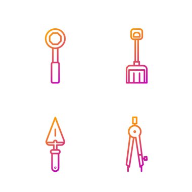 Çizgi çizme pusulayı, Trowel 'i, İngiliz anahtarını ve kar küreğini ayarla. Renk simgeleri. Vektör.