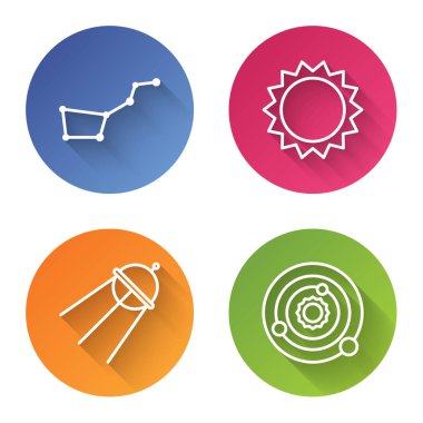 Büyük Ayı takımyıldızı, güneş, uydu ve güneş sistemini ayarla. Renkli daire düğmesi. Vektör.