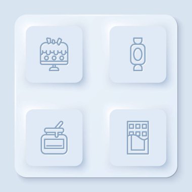 Tabağa çizgi pasta, şeker, bal kavanozu ve çikolata koy. Beyaz kare düğme. Vektör.