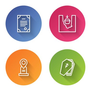 Hat ölüm sertifikası, tabut mezarda, konum ve çapraz. Renkli daire düğmesi. Vektör.