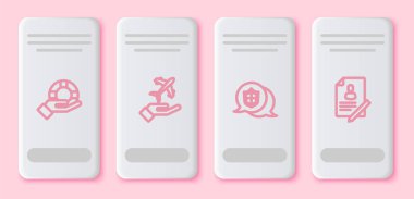 Lifebuoy 'u, Uçak' ı, konum kalkanını ve belgeyi ayarlayın. Beyaz dikdörtgen düğme. Vektör