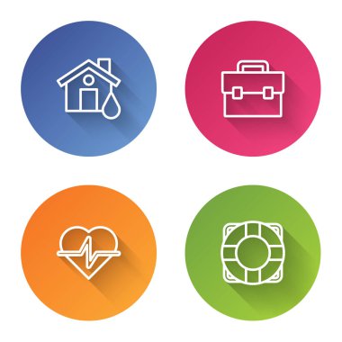 Ev baskını, evrak çantası, hayat sigortası ve Lifebuoy 'u ayarlayın. Renkli daire düğmesi. Vektör