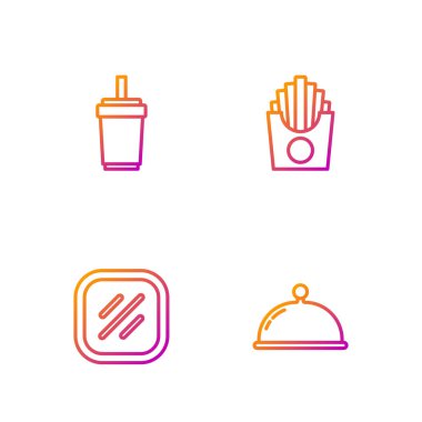 Tepsiyle kaplanmış halat, biftek eti, cam kamış ve kutuda patates kızartması. Renk simgeleri. Vektör