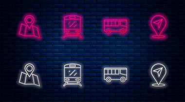Tren, otobüs, konumu ve konumu olan katlanmış harita ayarla. Tuğla duvarda parlayan neon simgesi. Vektör