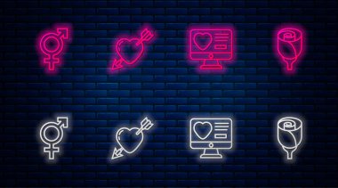 Aşk satırını kalp ve okla belirle, internetten randevu uygulaması, Cinsiyet ve Çiçek gülü. Tuğla duvarda parlayan neon simgesi. Vektör