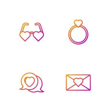 Zarfta sevgililer günü kalbi, kalp konuşma balonu, aşk gözlükleri ve alyanslar olsun. Renk simgeleri. Vektör