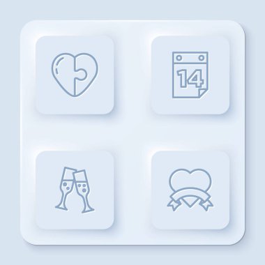 Set hattı Heart, Takvim 14 Şubat, bir kadeh şampanya ve... Beyaz kare düğme. Vektör