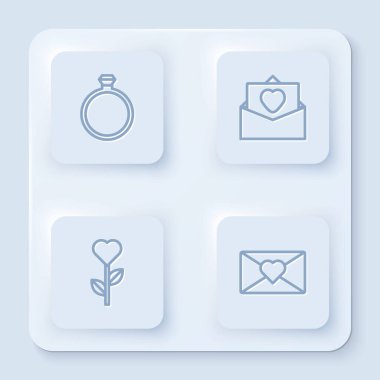 Elmas nişan yüzüğü, Sevgililer Günü kalbinde zarf, kalp şeklinde çiçek ve... Beyaz kare düğme. Vektör