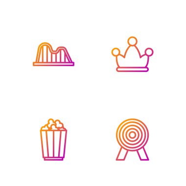 Hattı ayarla Target, kutuda patlamış mısır, Roller Coaster ve zilli Jester şapkası. Renk simgeleri. Vektör