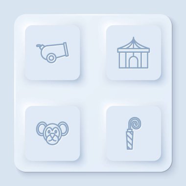 Cannon, Circus çadırı, Monkey and Birthday parti kornası. Beyaz kare düğme. Vektör