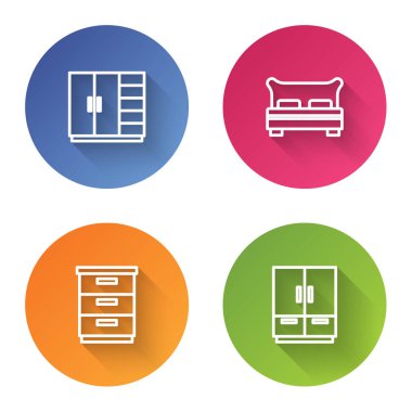 Gardırop, büyük yatak, mobilya sehpası ve... Renkli daire düğmesi. Vektör