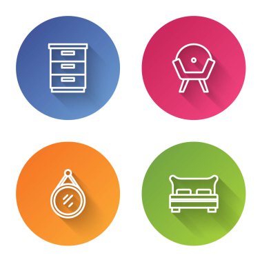 Mobilya sehpası, Kol Sandalyesi, Ayna ve Büyük Yatak. Renkli daire düğmesi. Vektör
