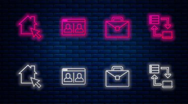 Çevrimiçi görüntülü sohbet konferansı, evrak çantası, online çalışma ve... Tuğla duvarda parlayan neon simgesi. Vektör