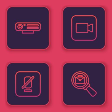 Web kamerası, sessiz mikrofon, kamera ve evrak çantalı büyüteç ayarla. Mavi kare düğme. Vektör