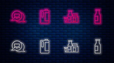 Süt, plastik şişede, üründe, memede ve şişede süt. Tuğla duvarda parlayan neon simgesi. Vektör