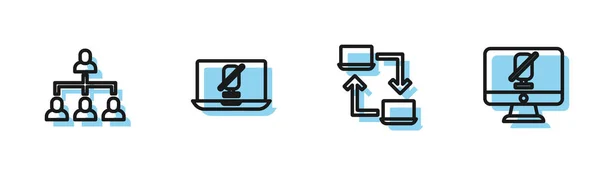 Ställ Linje Online Arbetar Hierarchy Organogram Diagram Stum Mikrofon Laptop — Stock vektor