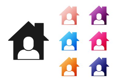 Siyah Çevrimiçi çalışan simge beyaz arkaplanda izole edildi. Evinde dizüstü bilgisayarla çalışan serbest çalışan bir adam. Uzaktan kumanda. Mesafeli iş kavramı. Simgeleri renklendirin. Vektör.