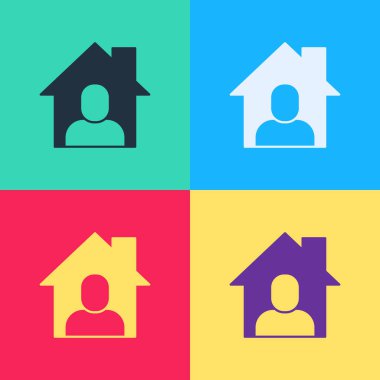 Pop Art Online çalışma simgesi renk arkaplanında izole edildi. Evinde dizüstü bilgisayarla çalışan serbest çalışan bir adam. Uzaktan kumanda. Mesafeli iş kavramı. Vektör.