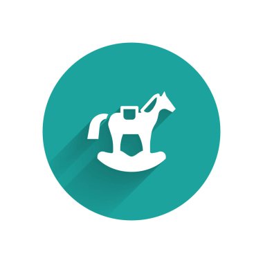 Beyaz tahta at, uzun gölgeli izole edilmiş küçük çocuk ikonu için eyerde sallanıyor. Yeşil daire düğmesi. Vektör.