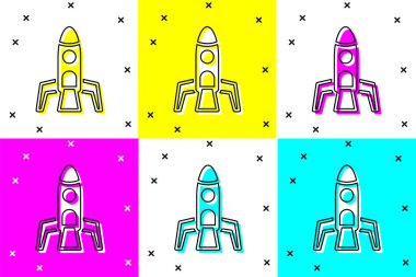 Roket gemi simgesini renk arkaplanından izole et. Uzay yolculuğu. Vektör.