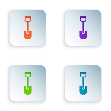 Renkli Kürek oyuncak simgesi beyaz arkaplanda izole edildi. Kare düğmelere renkli simgeleri yerleştir. Vektör.