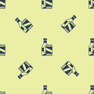 Mavi bira şişesi ve bira kutusu ikonu sarı arka planda izole edilmiş pürüzsüz desen. Vektör.