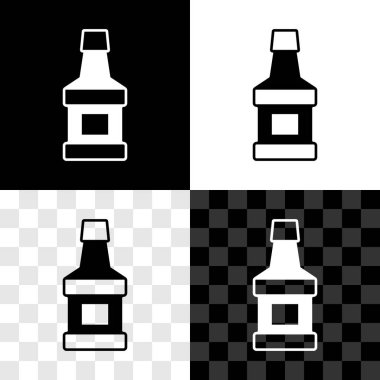 Viski şişesi simgesini siyah beyaz, şeffaf arkaplanda izole et. Vektör.